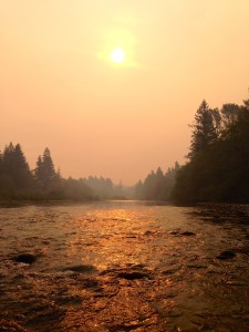 The Clackamas River as seen through the smoke of the 36 Pit Fire while sampling at McIver Park- 9/15/14.